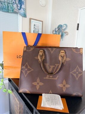 Louis Vuitton On the Go MM Giant Monogram Canvas Tote Tan Bag